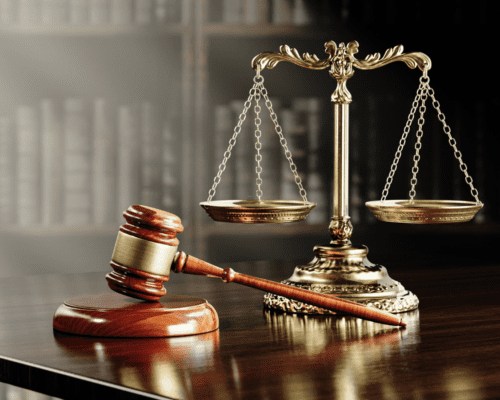 A wooden judge’s gavel rests beside golden scales of justice on a polished courtroom desk, symbolizing fairness and balance in law. The image represents Los Angeles property owners navigating partial taking cases and avoiding common legal mistakes in eminent domain proceedings.